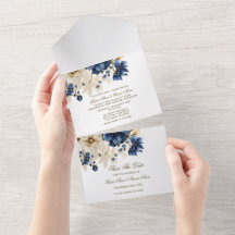 Wedding Navy Blue White Golden Floral Silver