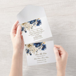 Wedding Navy Blue White Golden Floral Silver オールインワン招待状