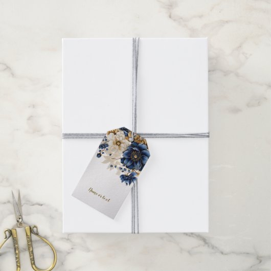 Wedding Navy Blue White Golden Floral Silver ギフトタグ (より糸付き)