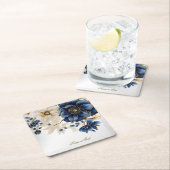 Wedding Navy Blue White Golden Floral Silver スクエアペーパーコースター (インサイチュ)