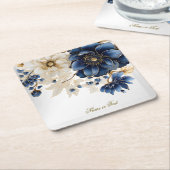 Wedding Navy Blue White Golden Floral Silver スクエアペーパーコースター (アングル)
