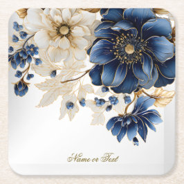Wedding Navy Blue White Golden Floral Silver スクエアペーパーコースター