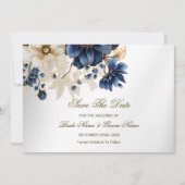 Wedding Navy Blue White Golden Floral Silver セーブザデート (正面)