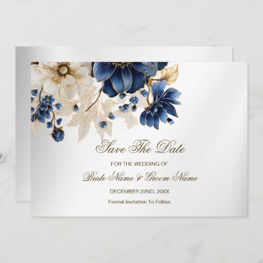 Wedding Navy Blue White Golden Floral Silver セーブザデート (正面/裏面)
