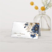 Wedding Navy Blue White Golden Floral Silver プレイスカード (裏面)