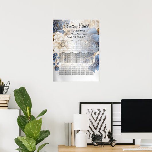 Wedding Navy Blue White Golden Floral Silver ポスター (ホームオフィス)