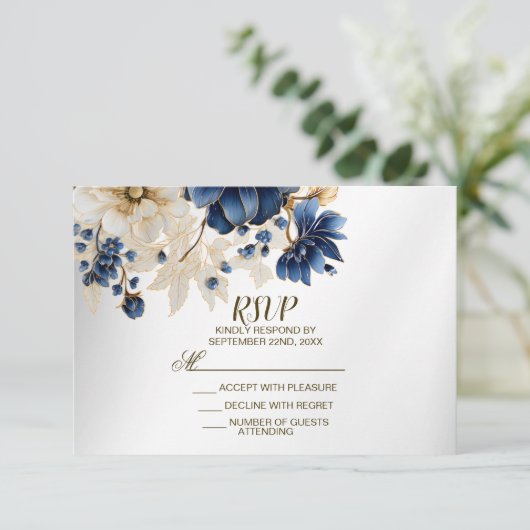 Wedding Navy Blue White Golden Floral Silver 出欠カード (スタンド正面)