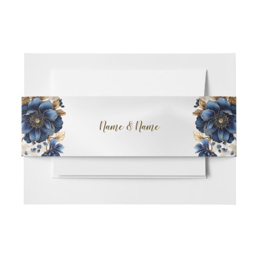 Wedding Navy Blue White Golden Floral Silver 招待状ベリーバンド (正面例)