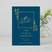 Wedding Navy Trendy Modern Branches Frame Photo 箔招待状 (立ち正面)