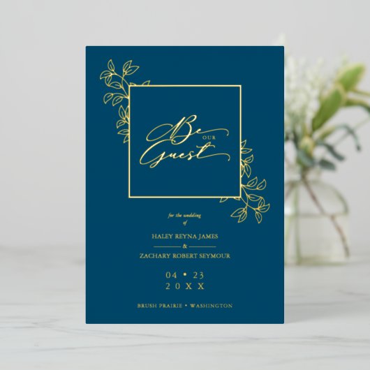 Wedding Navy Trendy Modern Branches Frame Photo 箔招待状 (立ち正面)