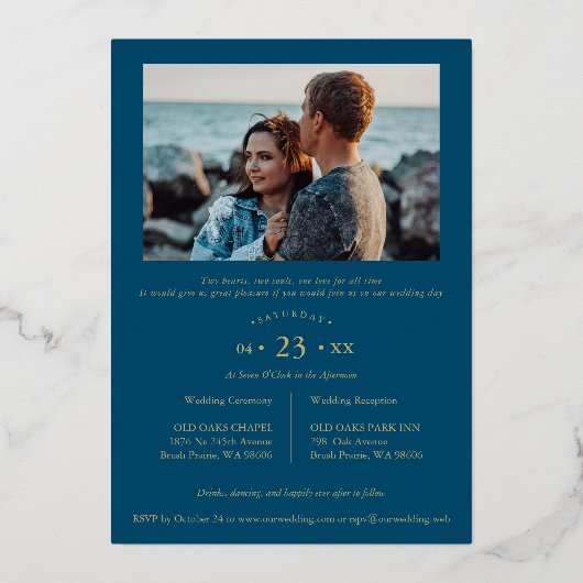 Wedding Navy Trendy Modern Branches Frame Photo 箔招待状 (裏面)