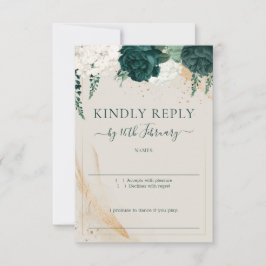 Wedding Neutral Cream Signature Emerald Green Rose 出欠カード