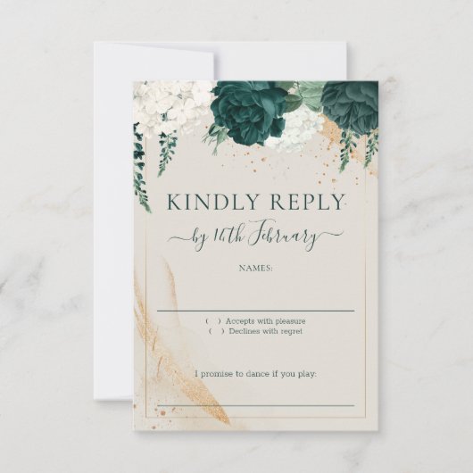 Wedding Neutral Cream Signature Emerald Green Rose 出欠カード (正面)