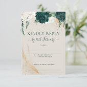 Wedding Neutral Cream Signature Emerald Green Rose 出欠カード (スタンド正面)