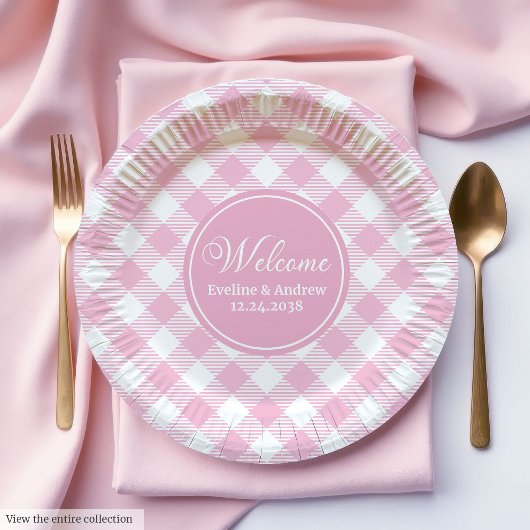 Wedding Party Paper Plates Pink Plaid Chic Accent ペーパープレート