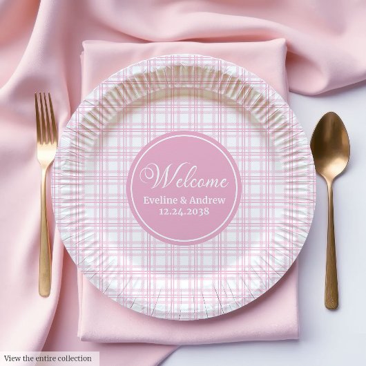 Wedding Party Paper Plates Pink Tartan Minimalist ペーパープレート