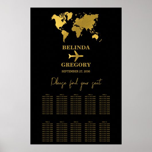 Wedding Passport Black Gold Seating Chart ポスター (正面)