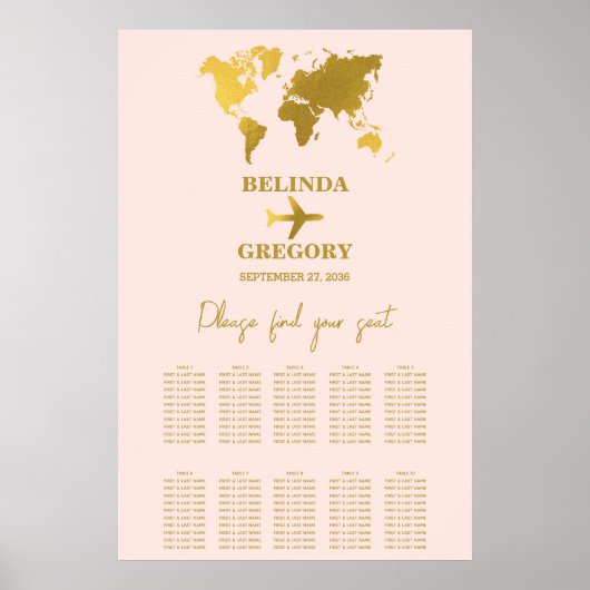 Wedding Passport Blush Pink Gold Seating Chart ポスター (正面)