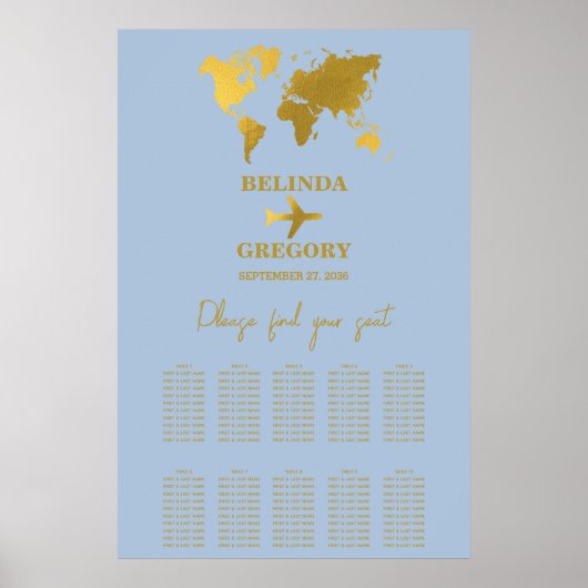 Wedding Passport Dusty Blue Gold Seating Chart ポスター (正面)