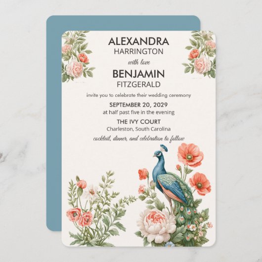 Wedding Peacock Botanical | ヴィンテージ フラワール アート 招待状 (正面/裏面)
