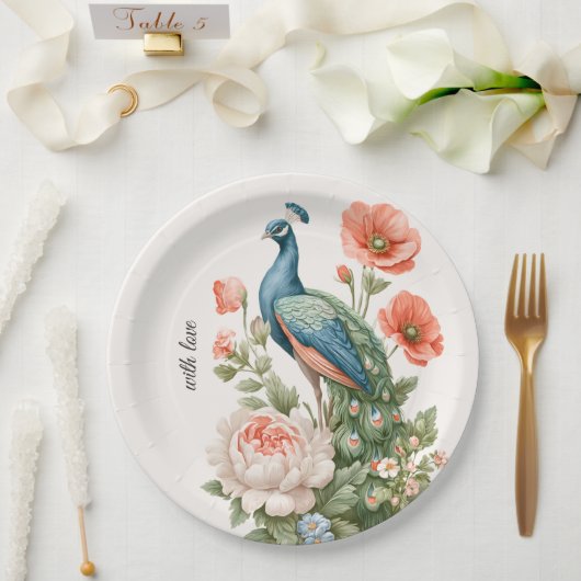 Wedding Peacock Botanical Vintage | Elegant Table ペーパープレート (ウェディング)