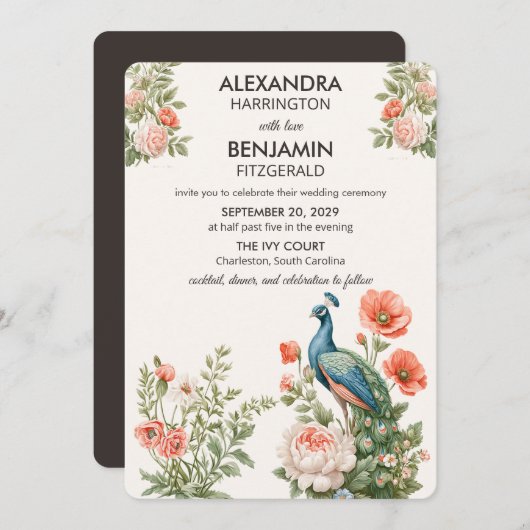 Wedding Peacock Botanical | Vintage Floral Art 招待状 (正面/裏面)
