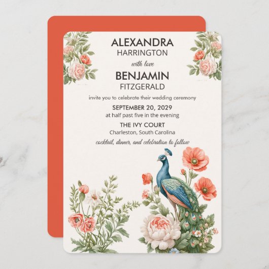 Wedding Peacock Botanical | Vintage Floral Art 招待状 (正面/裏面)