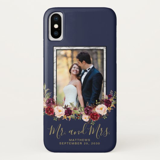 Wedding Photoバーガンディの花の青い氏および夫人 Case-Mate iPhoneケース (裏面)