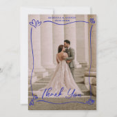 Wedding Photo Blue Doodle Heart Overprint Border サンキューカード (正面)