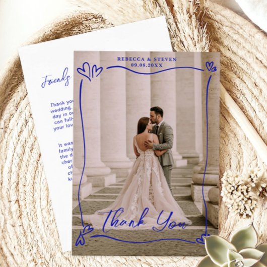 Wedding Photo Blue Doodle Heart Overprint Border サンキューカード