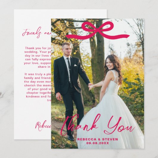 Wedding Photo Guest Appreciation Pink Bow サンキューカード (正面/裏面)