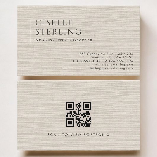 Wedding Photographer Luxury Neutral Linen QR Code 名刺