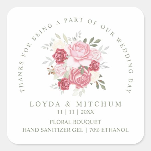 Wedding Pink Floral Bouquet Wedding Sanitizer Gel スクエアシール (正面)