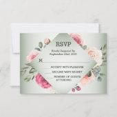 Wedding Pink Floral Rustic Geometric Green 出欠カード (正面)