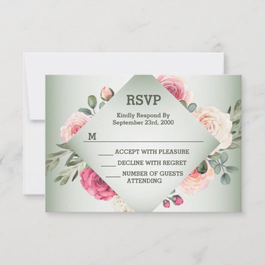 Wedding Pink Floral Rustic Geometric Green 出欠カード (正面)