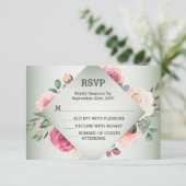 Wedding Pink Floral Rustic Geometric Green 出欠カード (スタンド正面)