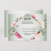 Wedding Pink Floral Rustic Geometric Green 出欠カード (正面/裏面)