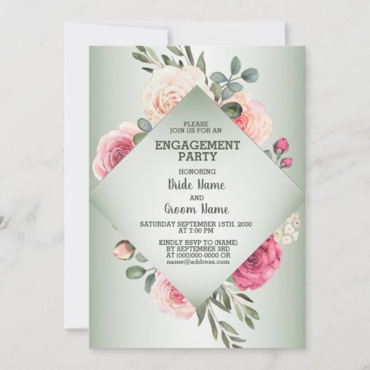Wedding Pink Floral Rustic Green Engagement Party 招待状 (正面)