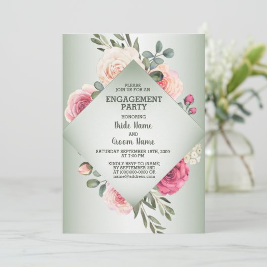 Wedding Pink Floral Rustic Green Engagement Party 招待状 (スタンド正面)