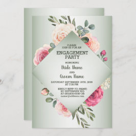 Wedding Pink Floral Rustic Green Engagement Party 招待状