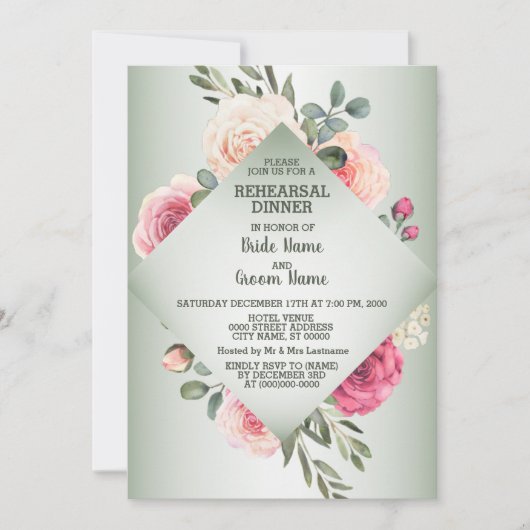 Wedding Pink Floral Rustic Green Rehearsal Dinner 招待状 (正面)