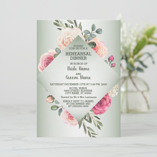 Wedding Pink Floral Rustic Green Rehearsal Dinner 招待状 (スタンド正面)