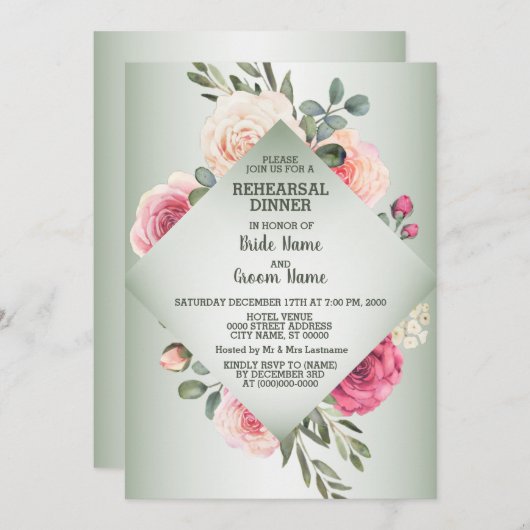 Wedding Pink Floral Rustic Green Rehearsal Dinner 招待状 (正面/裏面)