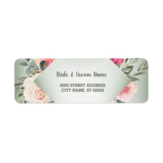 Wedding Pink Floral Rustic Green Return Address ラベル (正面)