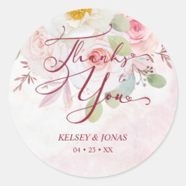 Wedding Pink Floral Thanks to You Whimsical Quote ラウンドシール