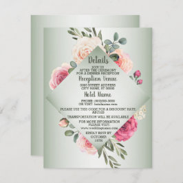 Wedding Pink Peach Floral Rustic Green Detail エンクロージャーカード