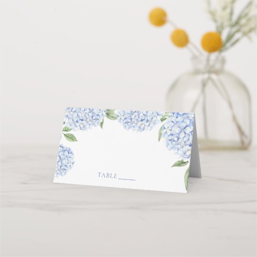 Wedding Place Cards, Blue Hydrangea Border Classic プレイスカード (正面)