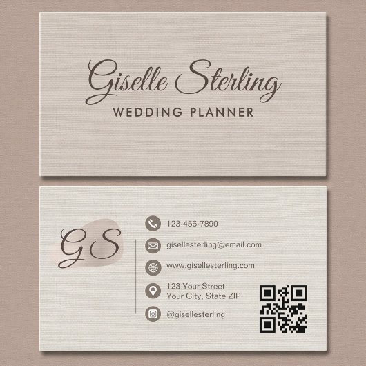 Wedding Planner Beige Linen Modern Elegant QR Code 名刺