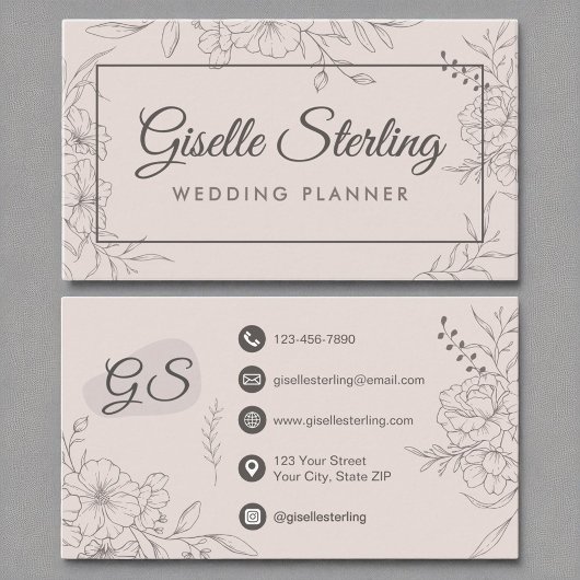 Wedding Planner Blush Pink Floral Line Art 名刺