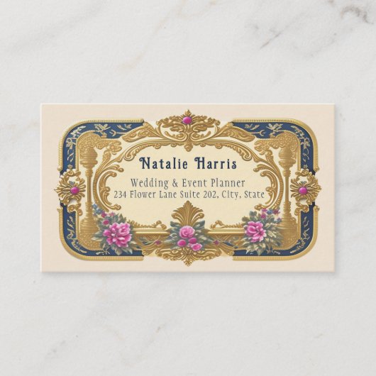 Wedding Planner Victorian Pink Roses Gold Business 名刺 (正面)